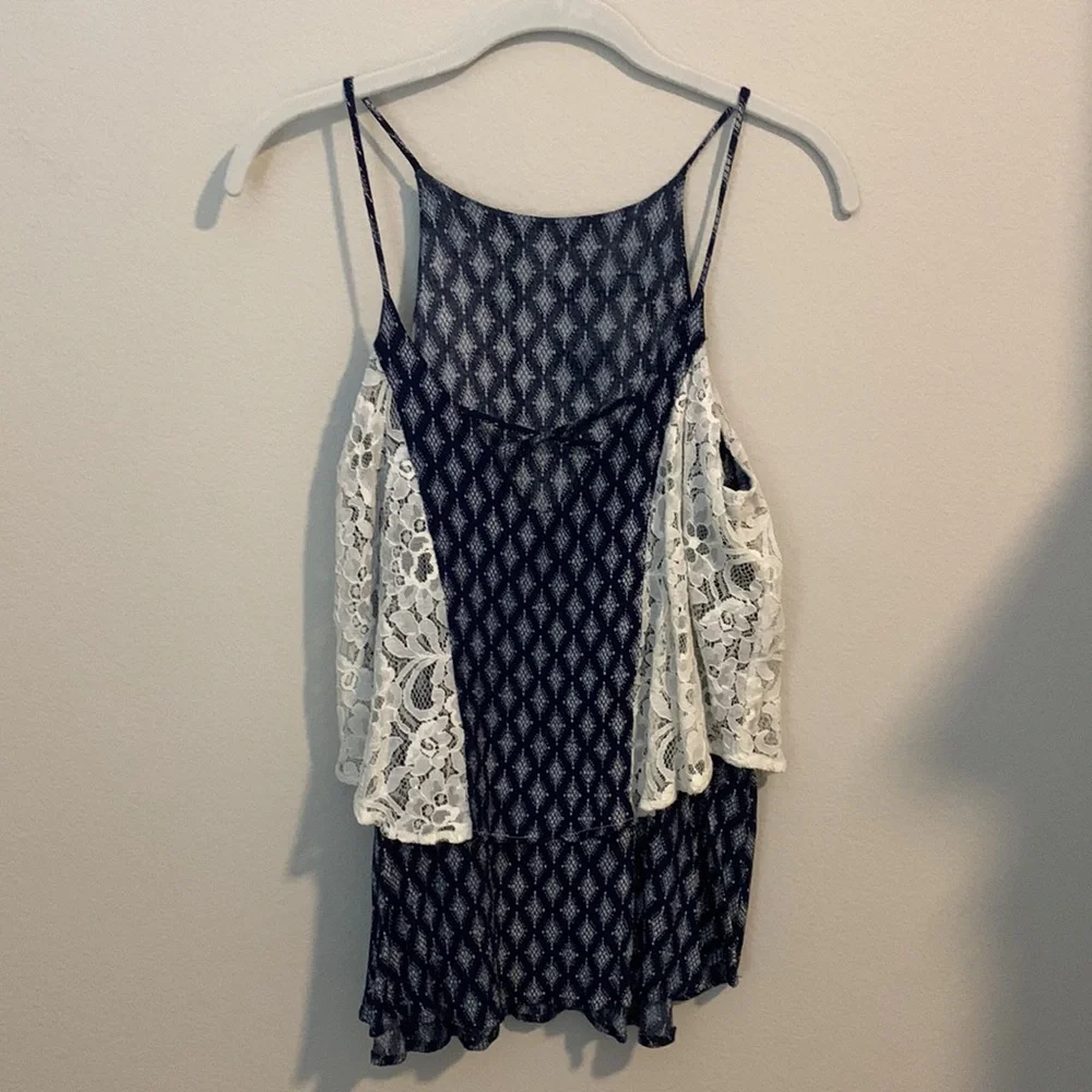 Navy blue and cream womens tank top with lace detail - Picture 3 of 4
